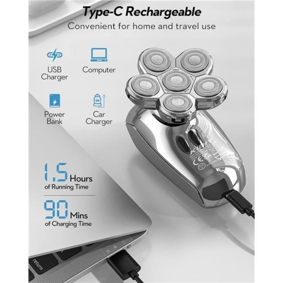 Electric Razor for Men,Upgrade 5-in-1 BaldHead Shaver Cordless LED Mens Electric - Picture 4 of 6